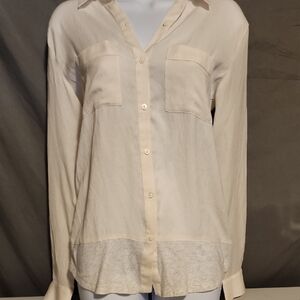 LOFT Cream Relaxed Button Down Shirt with Notched Collar